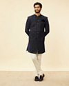 alt message - Manyavar Men Deep Blue and Grey Imperial Patterned Indo Western Set image number 2